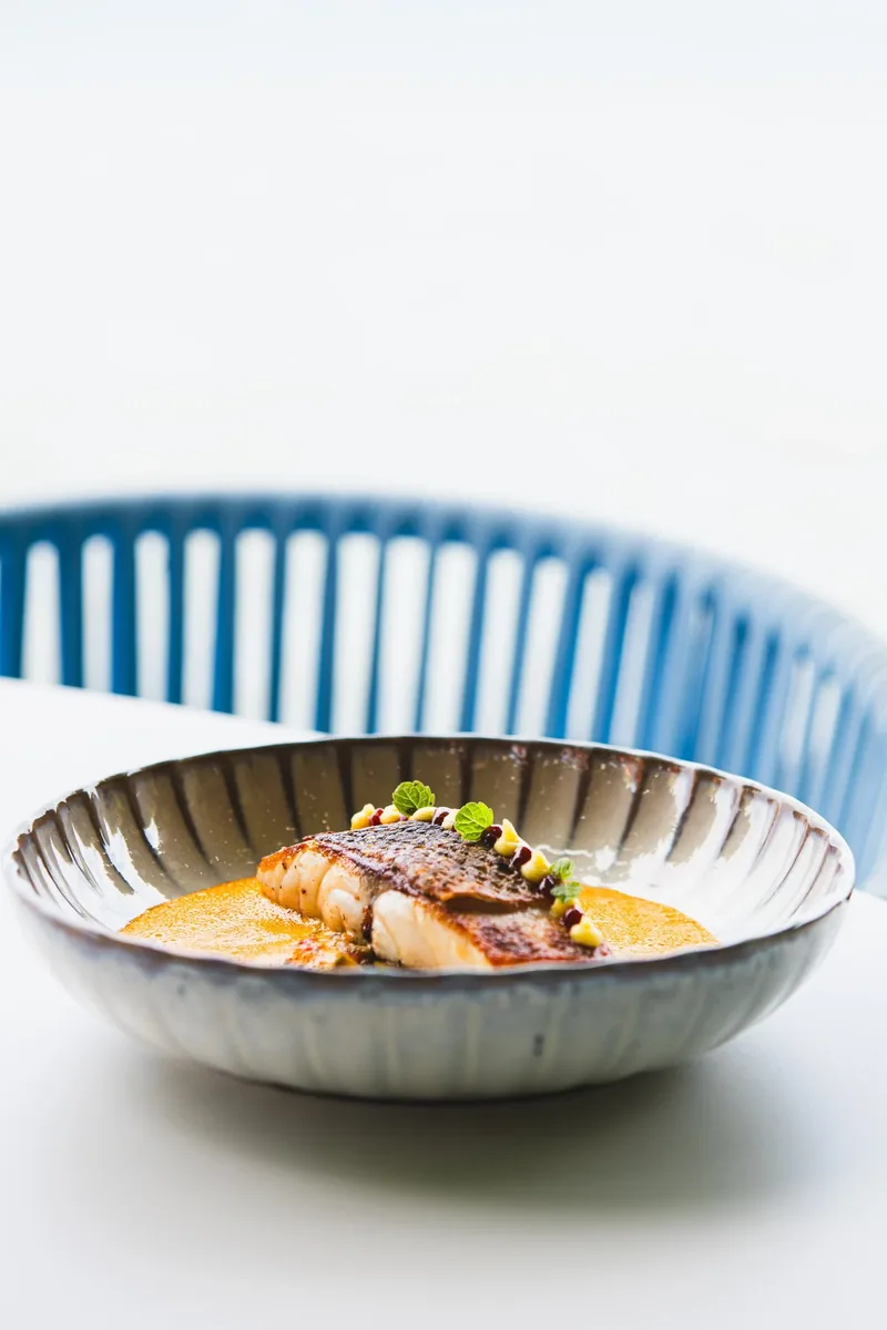 Fischfilet mit Sauce in einer gerippten Schale, dahinter ein blauer Stuhl